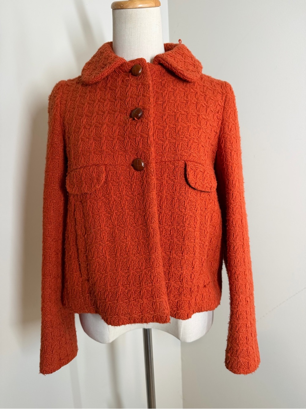 Zara Basic Women’s Burnt Orange -SZ S- Cropped Tweed-Wool Blend Textured Jacket